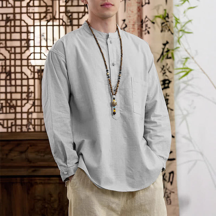 Buddha Stones Chemise homme en lin et coton uni, manches longues, col mandarin minimaliste style printemps, poche plaquée - image 15