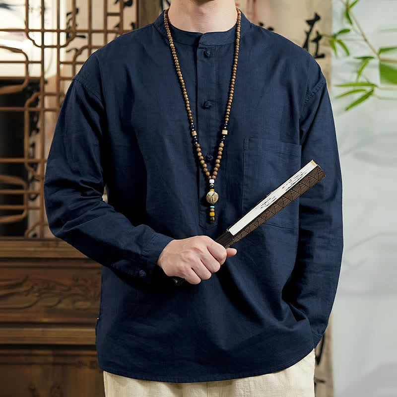 Buddha Stones Chemise homme en lin et coton uni, manches longues, col mandarin minimaliste style printemps, poche plaquée - image 3