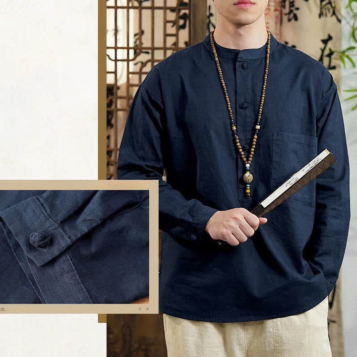 Buddha Stones Chemise homme en lin et coton uni, manches longues, col mandarin minimaliste style printemps, poche plaquée - image 4