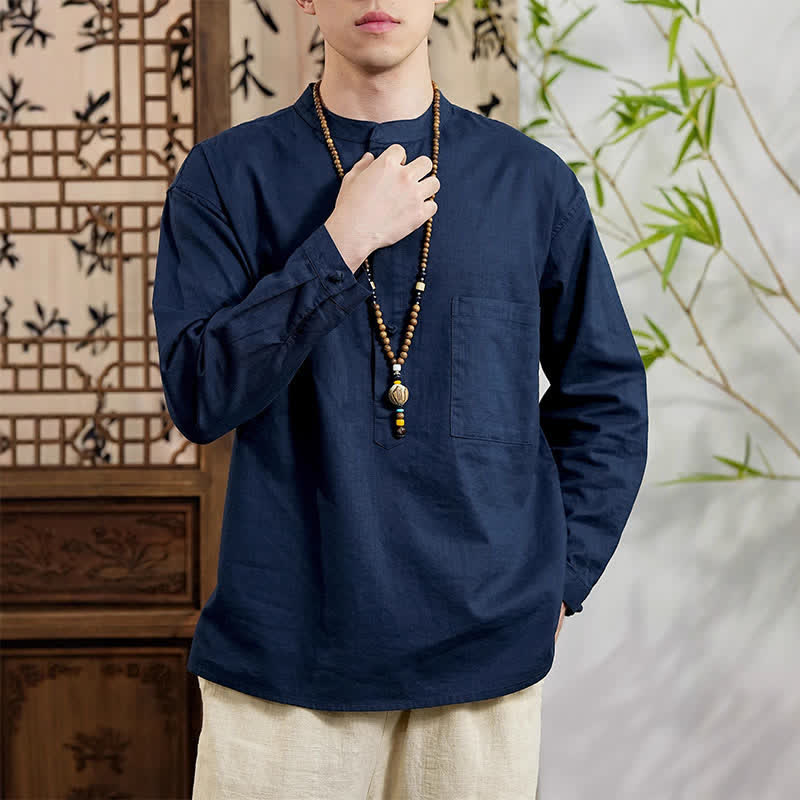 Buddha Stones Chemise homme en lin et coton uni, manches longues, col mandarin minimaliste style printemps, poche plaquée - image 2