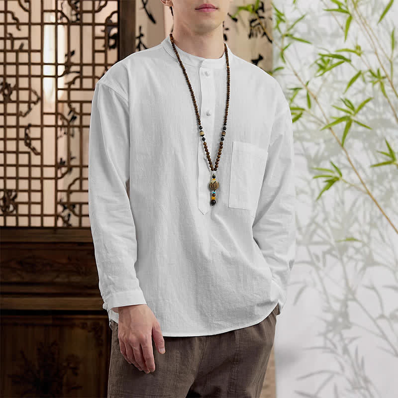 Buddha Stones Chemise homme en lin et coton uni, manches longues, col mandarin minimaliste style printemps, poche plaquée - image 18