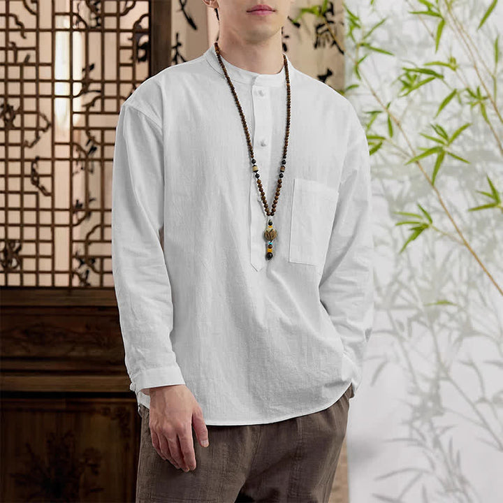Buddha Stones Chemise homme en lin et coton uni, manches longues, col mandarin minimaliste style printemps, poche plaquée - image 18