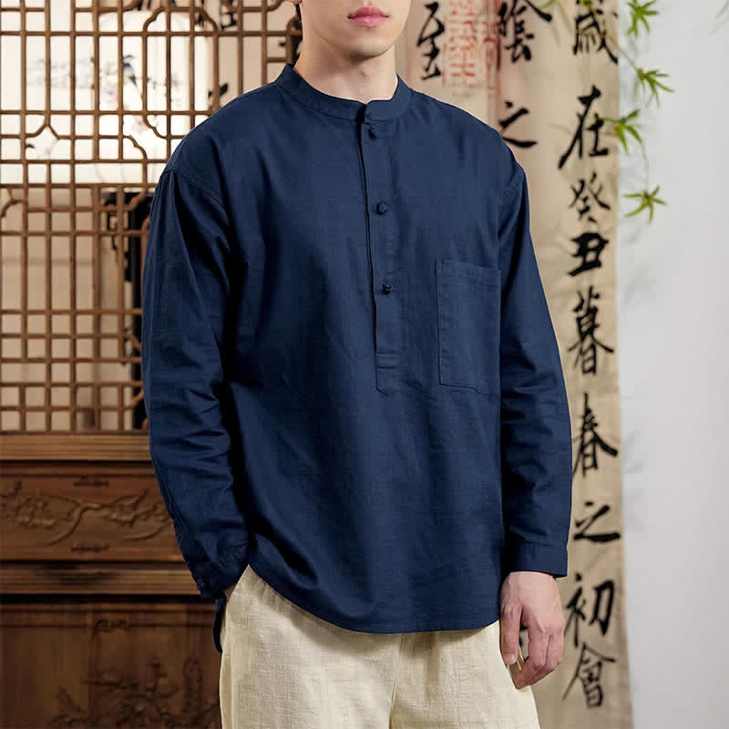 Buddha Stones Chemise homme en lin et coton uni, manches longues, col mandarin minimaliste style printemps, poche plaquée - Marine - US/UK/AU46，EU56 (5XL) - image 0