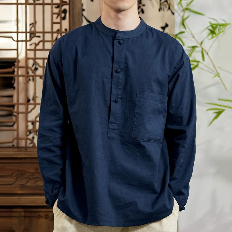 Buddha Stones Chemise homme en lin et coton uni, manches longues, col mandarin minimaliste style printemps, poche plaquée - image 1
