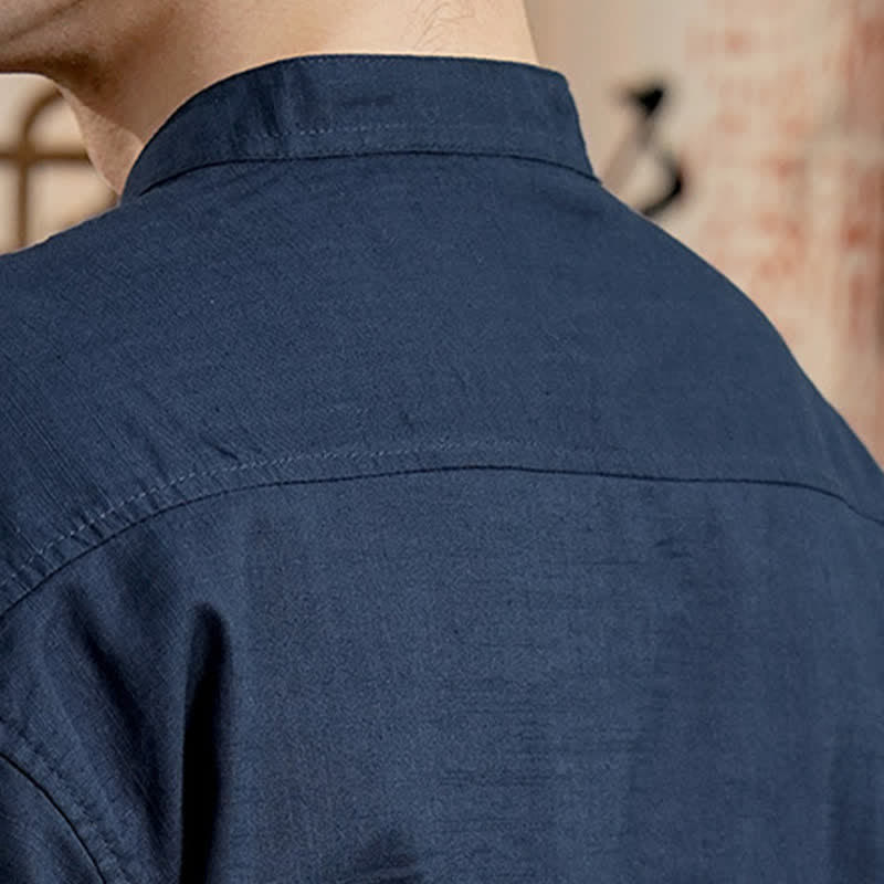Buddha Stones Chemise homme en lin et coton uni, manches longues, col mandarin minimaliste style printemps, poche plaquée - image 6