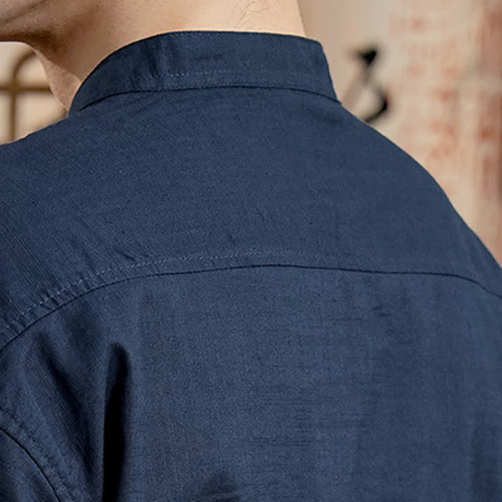 Buddha Stones Chemise homme en lin et coton uni, manches longues, col mandarin minimaliste style printemps, poche plaquée - image 6