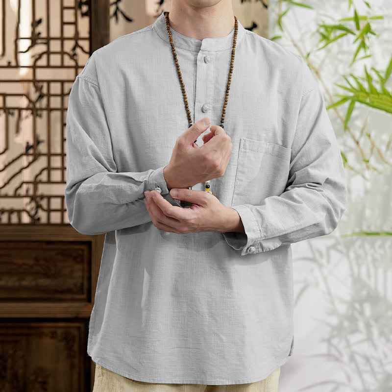 Buddha Stones Chemise homme en lin et coton uni, manches longues, col mandarin minimaliste style printemps, poche plaquée - image 16