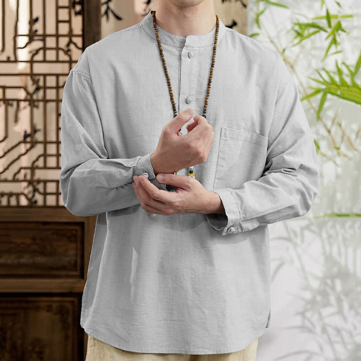 Buddha Stones Chemise homme en lin et coton uni, manches longues, col mandarin minimaliste style printemps, poche plaquée - image 16