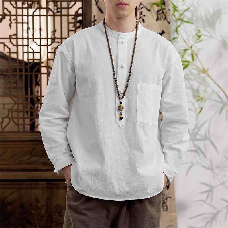 Buddha Stones Chemise homme en lin et coton uni, manches longues, col mandarin minimaliste style printemps, poche plaquée - Blanc - US/UK/AU46，EU56 (5XL) - image 17