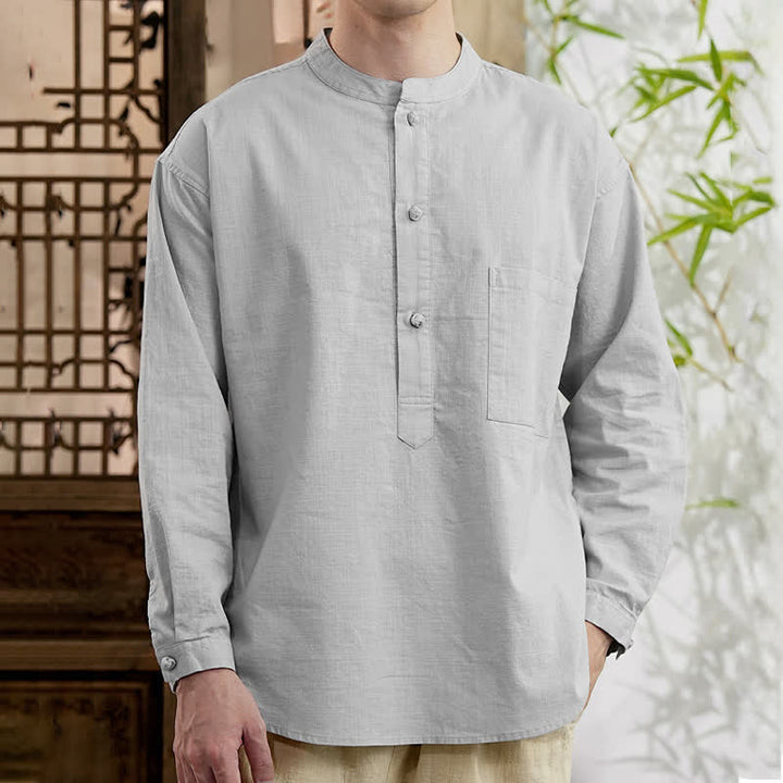 Buddha Stones Chemise homme en lin et coton uni, manches longues, col mandarin minimaliste style printemps, poche plaquée - Gris clair - US/UK/AU46，EU56 (5XL) - image 14