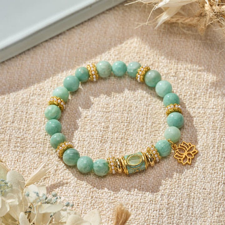 Buddha StonesBracelet à perles rondes polies à la main, orné d'un pendentif lotus en perle ronde émaillée d'amazonite et d'un bracelet assorti. - Amazonite (Tour de poignet : 15–16 cm) - image 0
