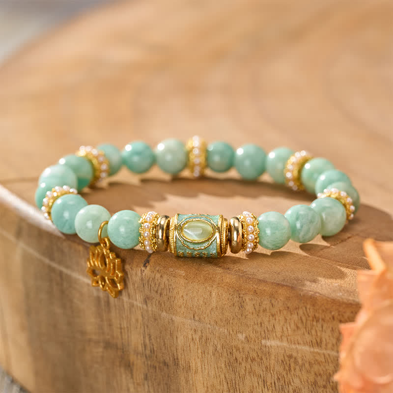 Buddha StonesBracelet à perles rondes polies à la main, orné d'un pendentif lotus en perle ronde émaillée d'amazonite et d'un bracelet assorti. - image 3