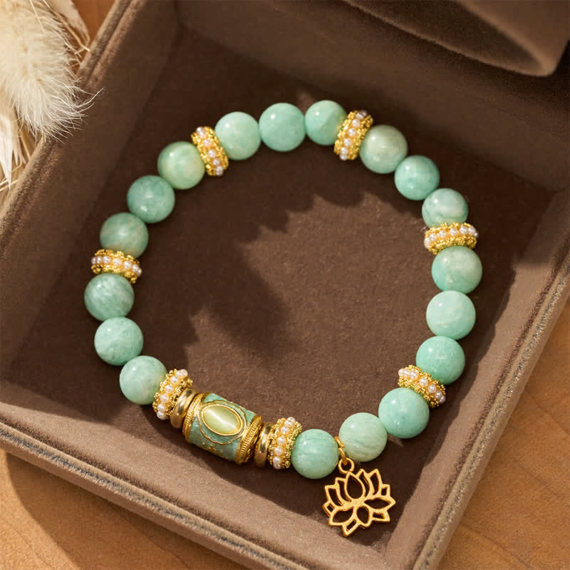 Buddha StonesBracelet à perles rondes polies à la main, orné d'un pendentif lotus en perle ronde émaillée d'amazonite et d'un bracelet assorti. - image 1