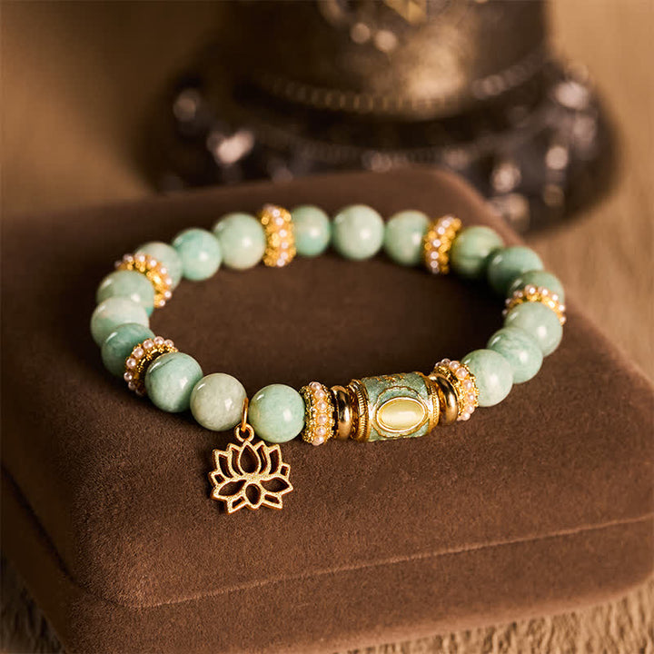 Buddha StonesBracelet à perles rondes polies à la main, orné d'un pendentif lotus en perle ronde émaillée d'amazonite et d'un bracelet assorti. - image 2