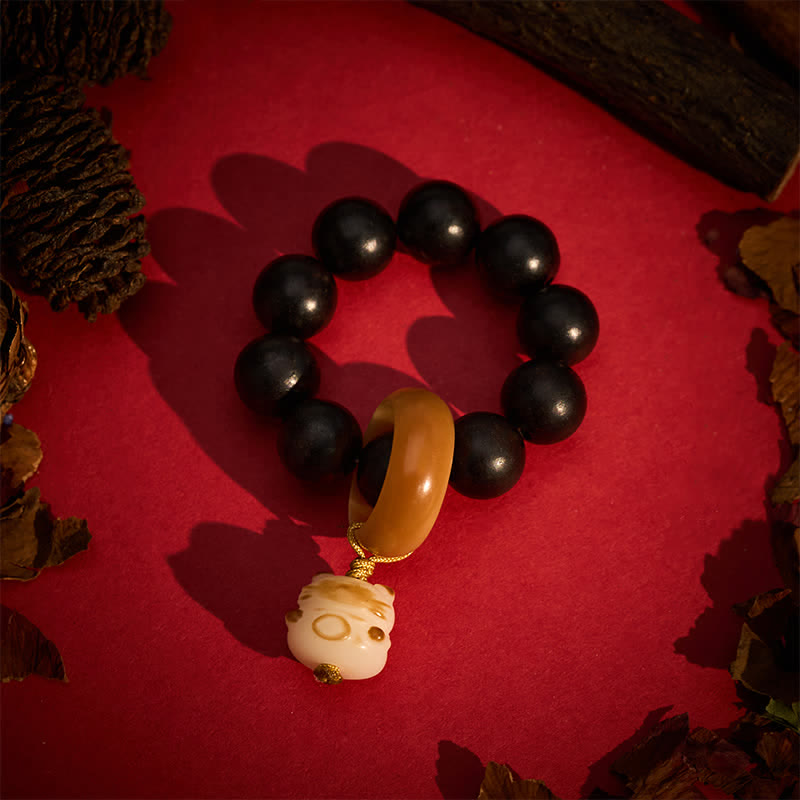 Buddha Stones Perles de méditation tactiles en bois d'ébène, motif chat et ours grillés au charbon de bois, pour un équilibre parfait - image 1