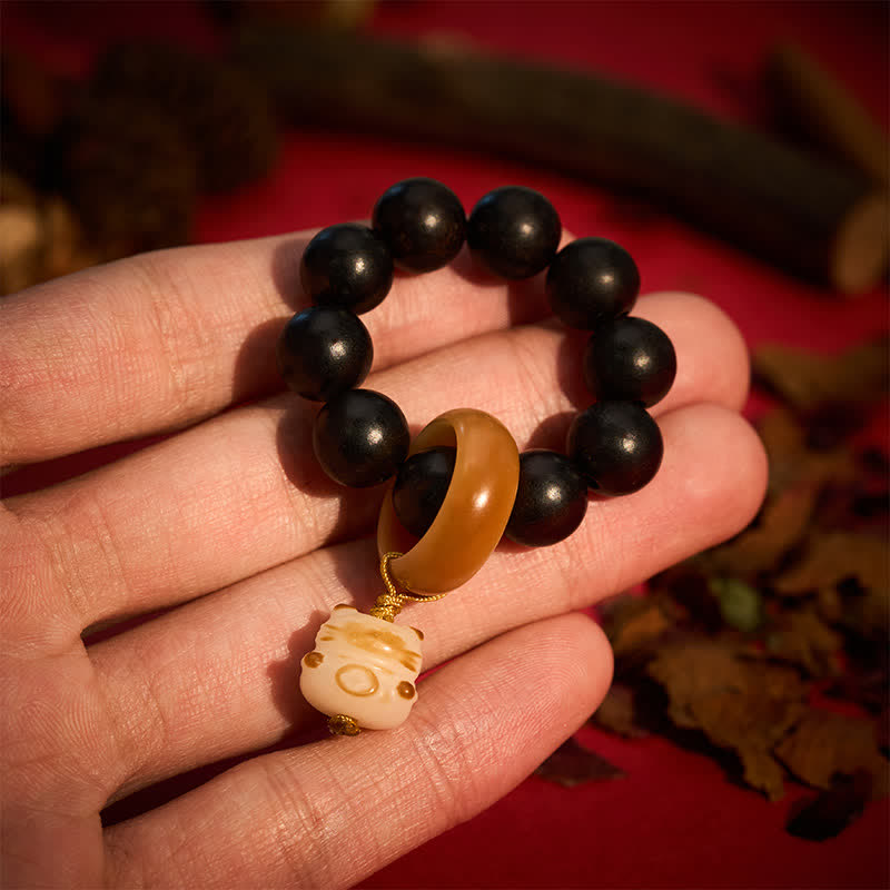 Buddha Stones Perles de méditation tactiles en bois d'ébène, motif chat et ours grillés au charbon de bois, pour un équilibre parfait - Chat - Bois d'ébène (Équilibre ♥ Calme) - image 0