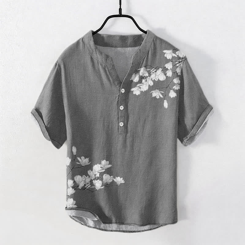 Buddha Stones Chemise à manches courtes et demi-boutonnée en coton blanc à motif floral pour homme - Gris - US/UK/AU50，EU60 (5XL) - image 0