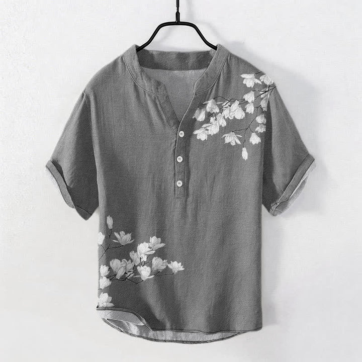 Buddha Stones Chemise à manches courtes et demi-boutonnée en coton blanc à motif floral pour homme - Gris - US/UK/AU50，EU60 (5XL) - image 0
