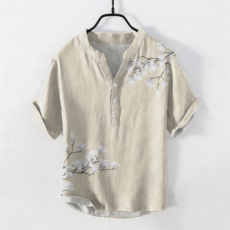 Buddha Stones Chemise à manches courtes et demi-boutonnée en coton blanc à motif floral pour homme - Beige - US/UK/AU50，EU60 (5XL) - image 5