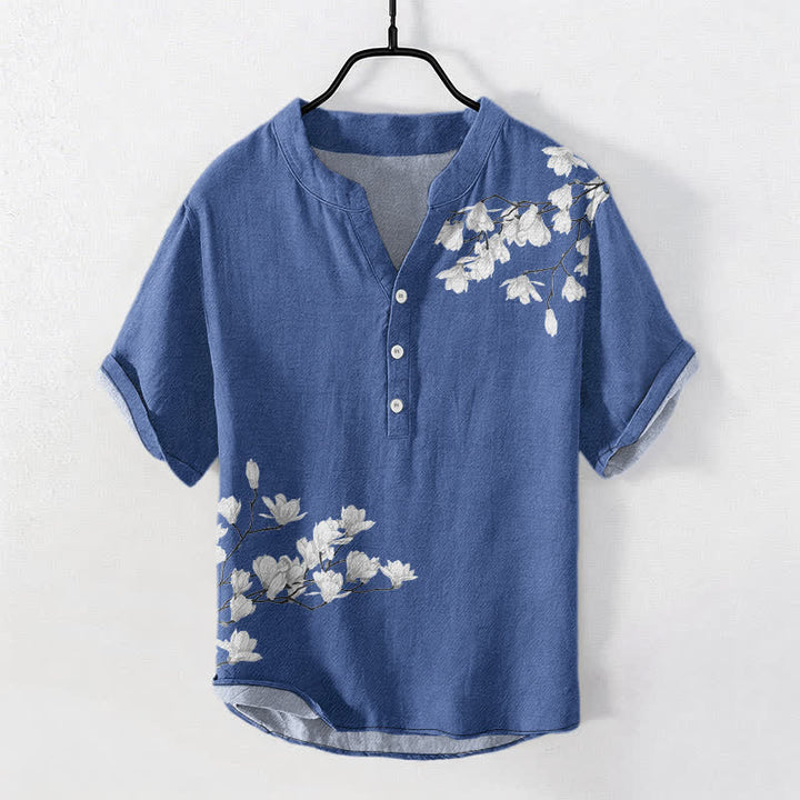 Buddha Stones Chemise à manches courtes et demi-boutonnée en coton blanc à motif floral pour homme - SteelBlue - US/UK/AU50，EU60 (5XL) - image 7