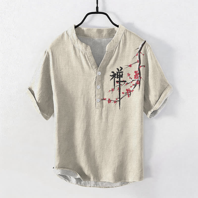 Buddha Stones Chemise homme à manches courtes et demi-boutons, motif calligraphie zen et fleurs de cerisier en coton - Beige - US/UK/AU50，EU60 (5XL) - image 0
