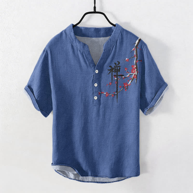 Buddha Stones Chemise homme à manches courtes et demi-boutons, motif calligraphie zen et fleurs de cerisier en coton - SteelBlue - US/UK/AU50，EU60 (5XL) - image 3