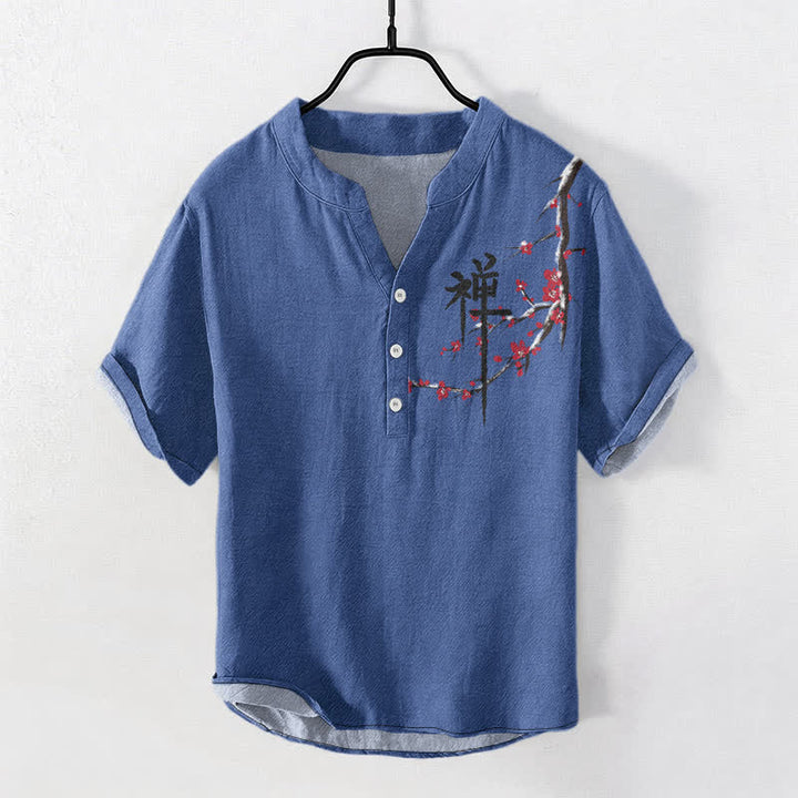 Buddha Stones Chemise homme à manches courtes et demi-boutons, motif calligraphie zen et fleurs de cerisier en coton - SteelBlue - US/UK/AU50，EU60 (5XL) - image 3