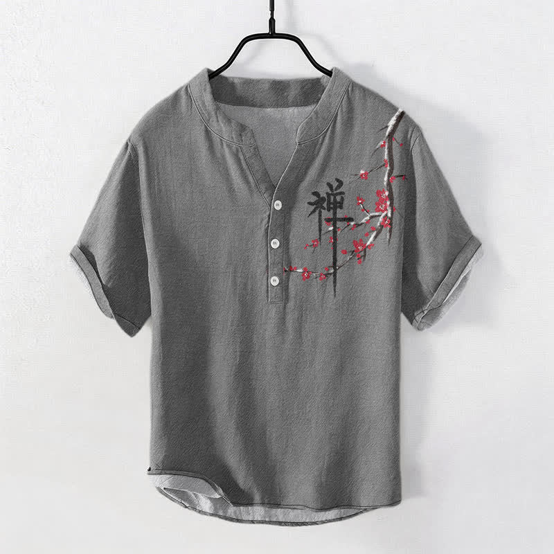 Buddha Stones Chemise homme à manches courtes et demi-boutons, motif calligraphie zen et fleurs de cerisier en coton - Gris - US/UK/AU50，EU60 (5XL) - image 5