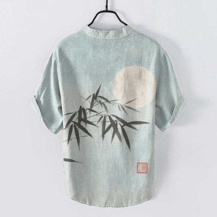 Buddha Stones Chemise homme à manches courtes et demi-boutons, motif lune et feuilles de bambou à l'encre de coton - image 1