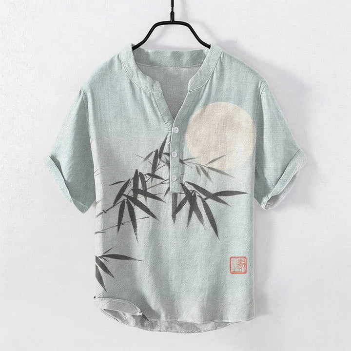 Buddha Stones Chemise homme à manches courtes et demi-boutons, motif lune et feuilles de bambou à l'encre de coton - AliceBlue - US/UK/AU50，EU60 (5XL) - image 0