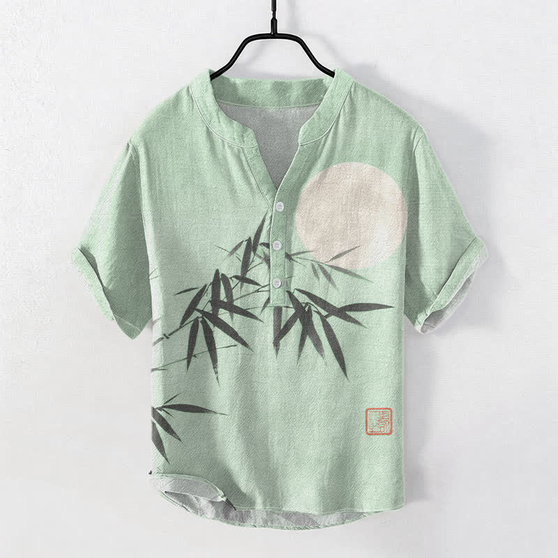 Buddha Stones Chemise homme à manches courtes et demi-boutons, motif lune et feuilles de bambou à l'encre de coton - Vert pâle - US/UK/AU50，EU60 (5XL) - image 3