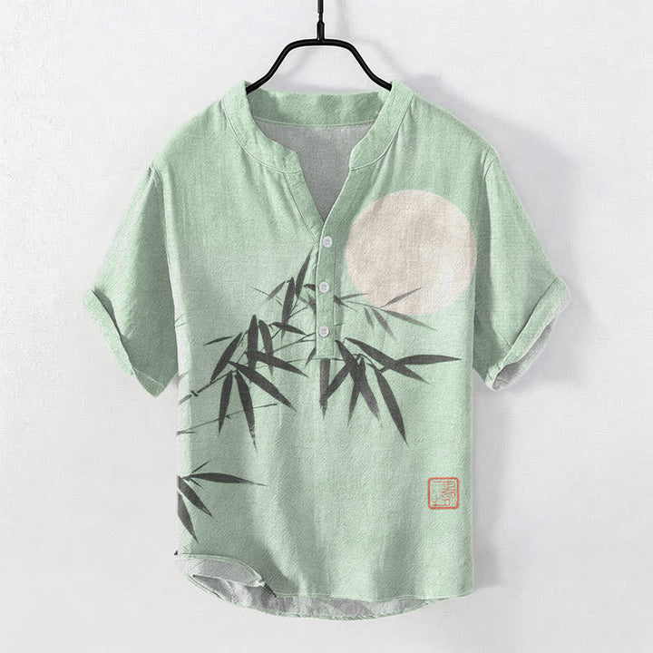 Buddha Stones Chemise homme à manches courtes et demi-boutons, motif lune et feuilles de bambou à l'encre de coton - Vert pâle - US/UK/AU50，EU60 (5XL) - image 3
