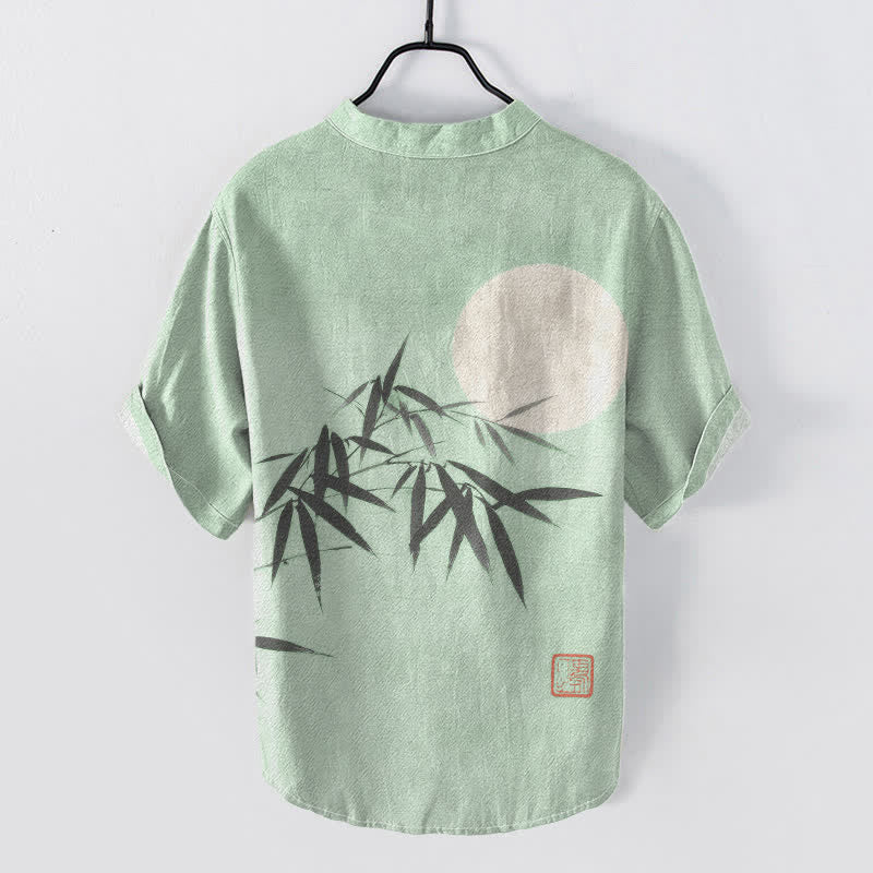 Buddha Stones Chemise homme à manches courtes et demi-boutons, motif lune et feuilles de bambou à l'encre de coton - image 4