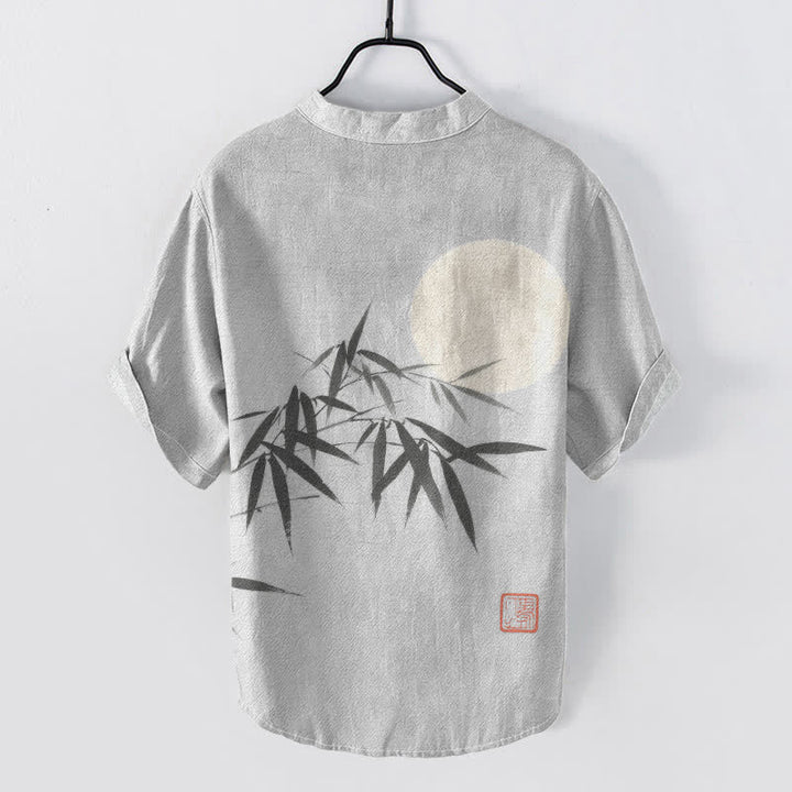Buddha Stones Chemise homme à manches courtes et demi-boutons, motif lune et feuilles de bambou à l'encre de coton - image 6