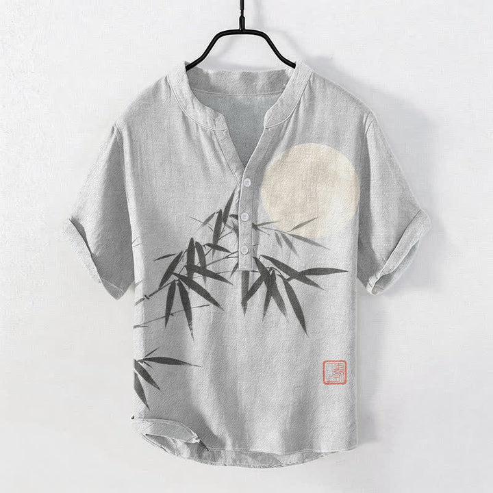 Buddha Stones Chemise homme à manches courtes et demi-boutons, motif lune et feuilles de bambou à l'encre de coton - Gris clair - US/UK/AU50，EU60 (5XL) - image 5