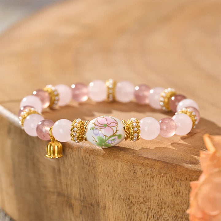Buddha Stones Bracelet à perles rondes en quartz rose et quartz fraise naturel, perle ronde en céramique, pendentif lotus et bracelet en perles rondes. - Quartz fraise, quartz rose (Tour de poignet : 15–16 cm) - image 0