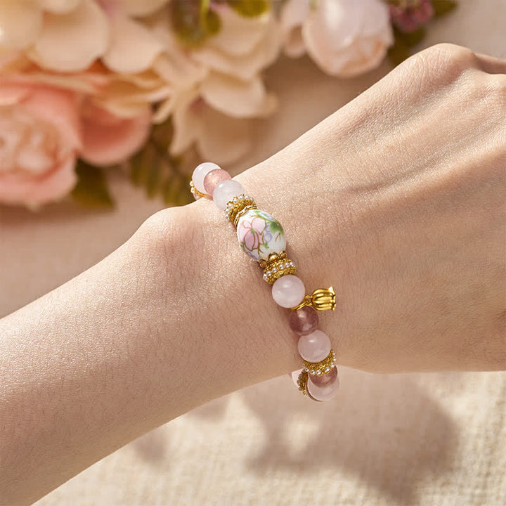 Buddha Stones Bracelet à perles rondes en quartz rose et quartz fraise naturel, perle ronde en céramique, pendentif lotus et bracelet en perles rondes. - image 2