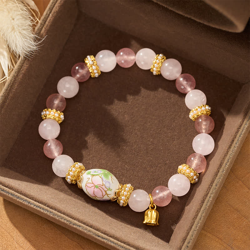 Buddha Stones Bracelet à perles rondes en quartz rose et quartz fraise naturel, perle ronde en céramique, pendentif lotus et bracelet en perles rondes. - image 1