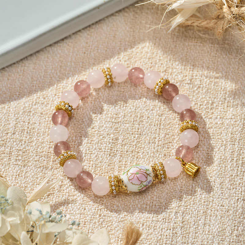 Buddha Stones Bracelet à perles rondes en quartz rose et quartz fraise naturel, perle ronde en céramique, pendentif lotus et bracelet en perles rondes. - image 3