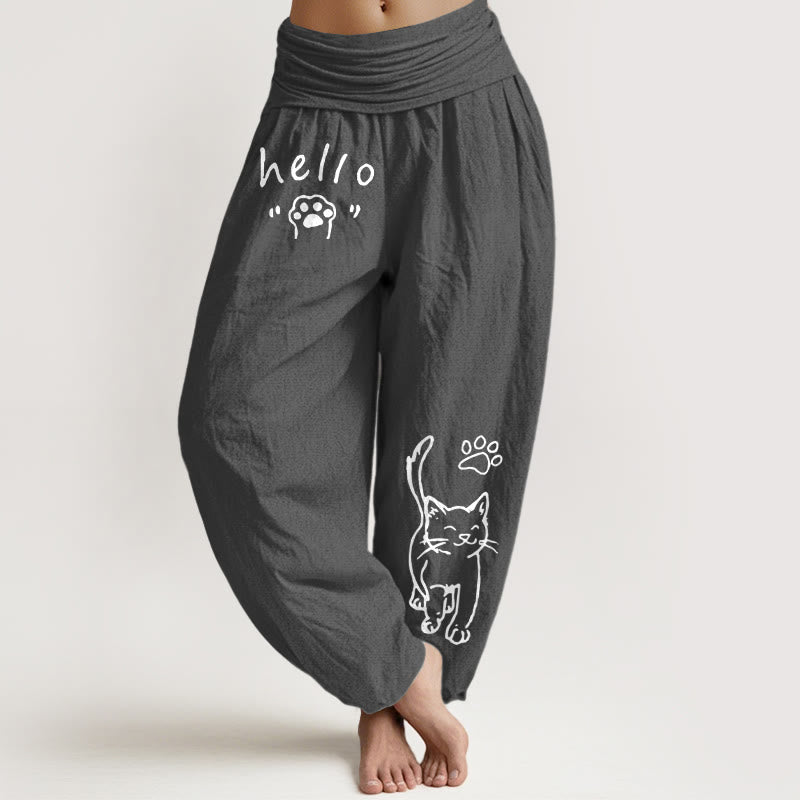 Buddha Stones Pantalon harem femme en pur coton à motif pattes de chat et taille élastique - Gris sombre - US16，UK/AU20，EU48 (3XL) - image 8