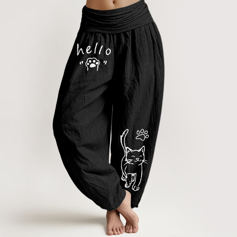 Buddha Stones Pantalon harem femme en pur coton à motif pattes de chat et taille élastique - Noir - US16，UK/AU20，EU48 (3XL) - image 0