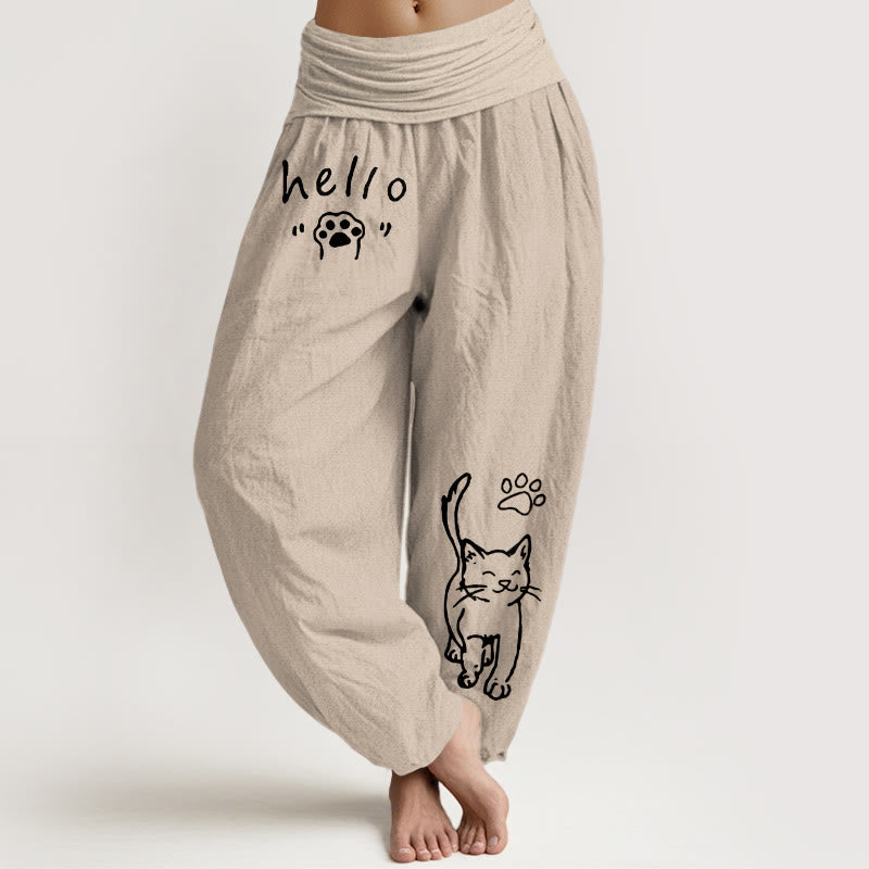 Buddha Stones Pantalon harem femme en pur coton à motif pattes de chat et taille élastique - Tanné - US16，UK/AU20，EU48 (3XL) - image 11