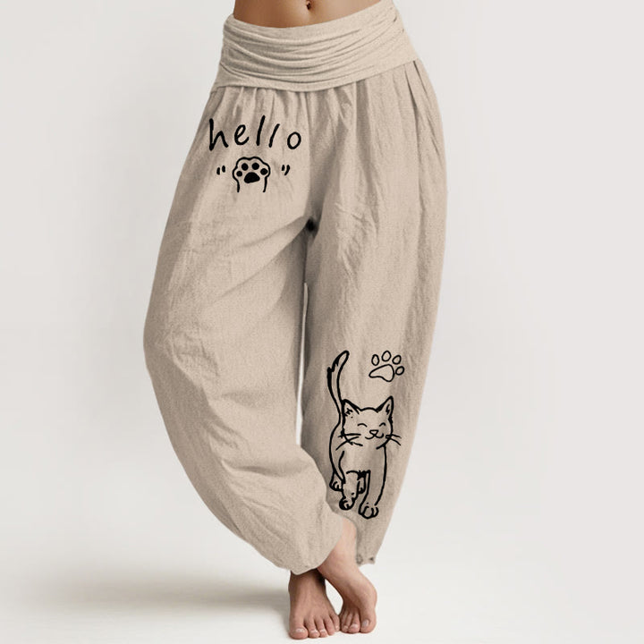 Buddha Stones Pantalon harem femme en pur coton à motif pattes de chat et taille élastique - Tanné - US16，UK/AU20，EU48 (3XL) - image 11