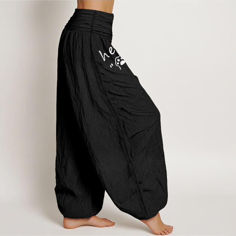 Buddha Stones Pantalon harem femme en pur coton à motif pattes de chat et taille élastique - image 1