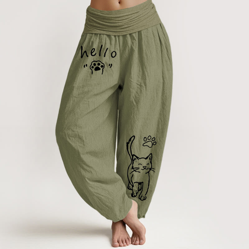 Buddha Stones Pantalon harem femme en pur coton à motif pattes de chat et taille élastique - Vert olive - US16，UK/AU20，EU48 (3XL) - image 14