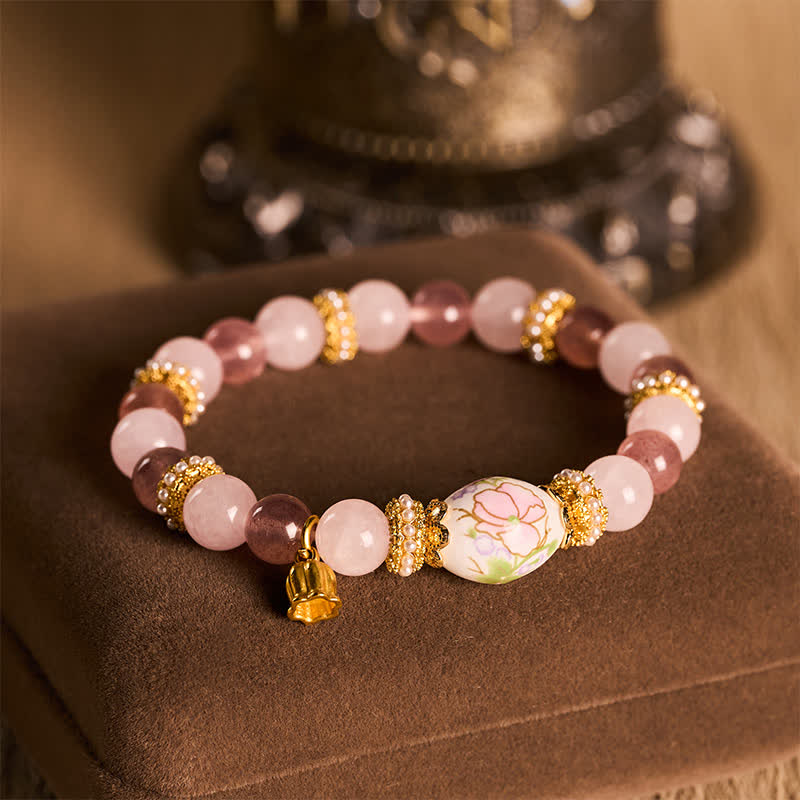Buddha Stones Bracelet à perles rondes en quartz rose et quartz fraise naturel, perle ronde en céramique, pendentif lotus et bracelet en perles rondes. - image 4