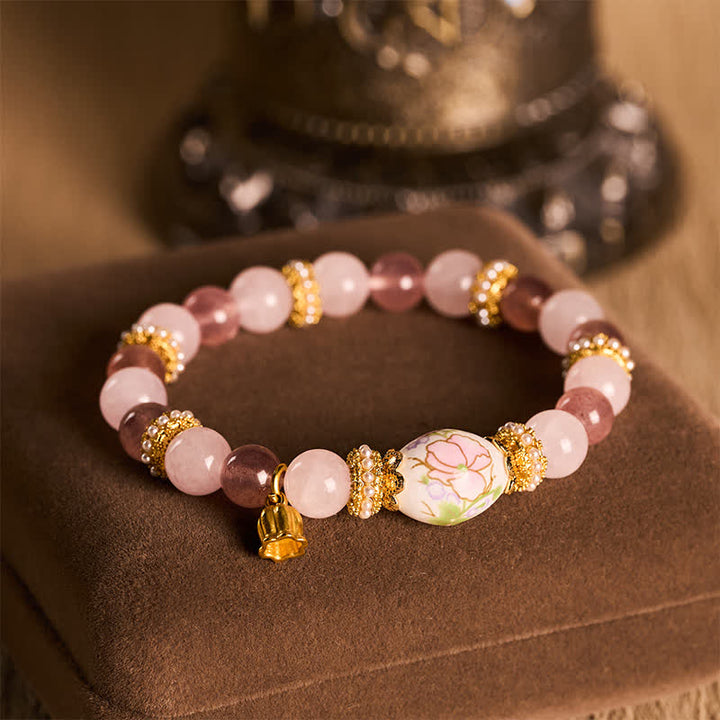 Buddha Stones Bracelet à perles rondes en quartz rose et quartz fraise naturel, perle ronde en céramique, pendentif lotus et bracelet en perles rondes. - image 4