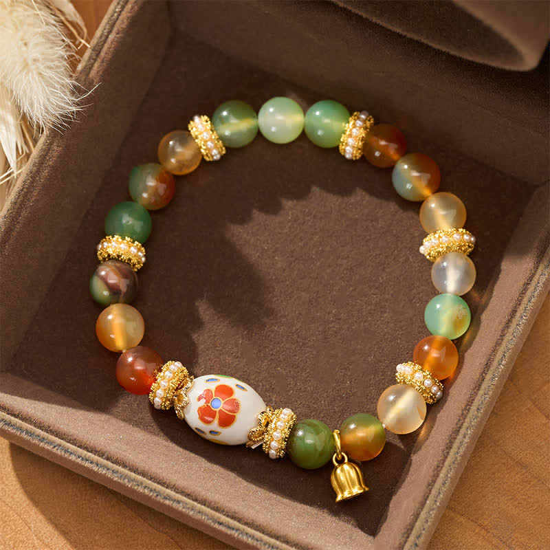 Buddha Stones Bracelet à perles rondes en céramique avec pendentif lotus en agate paon naturelle et perles cylindriques, symbole de confiance - image 3