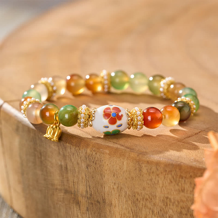 Buddha Stones Bracelet à perles rondes en céramique avec pendentif lotus en agate paon naturelle et perles cylindriques, symbole de confiance - Agate Paon (Tour de poignet : 15–16 cm) - image 0