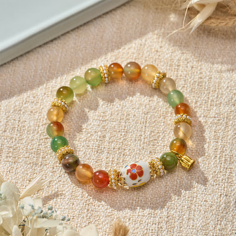 Buddha Stones Bracelet à perles rondes en céramique avec pendentif lotus en agate paon naturelle et perles cylindriques, symbole de confiance - image 2